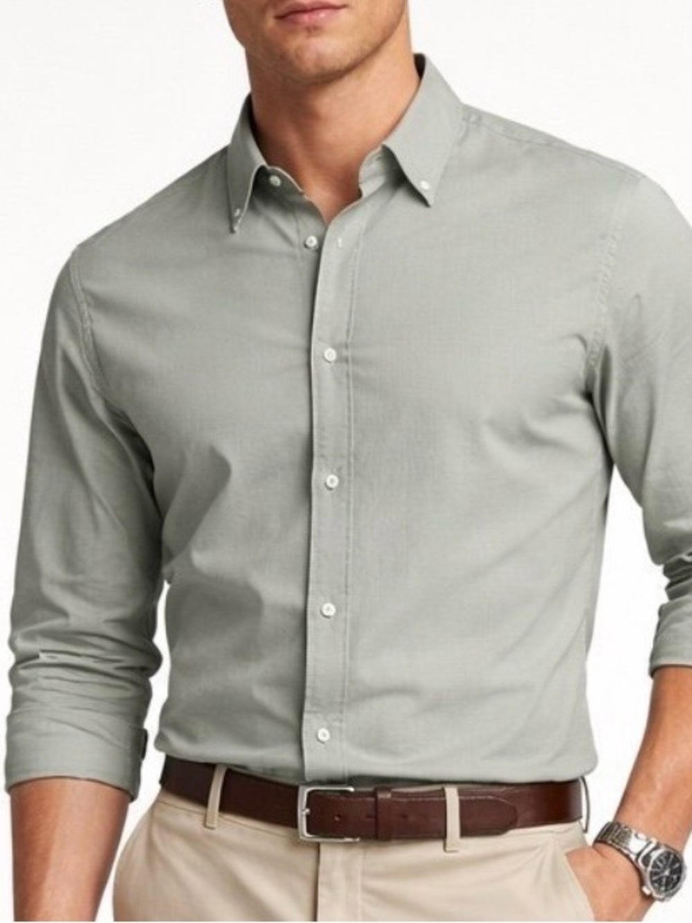 GAP XL Solid Green Linen Cotton Woven Point Collar Button-Front Shirt